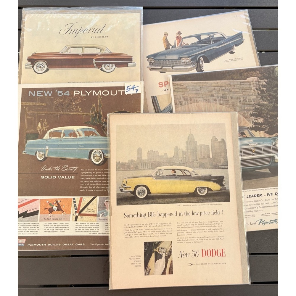 Vintage 1900s Car Advertisements Paper Ephemera '56 Dodge, '54 Plymouth Set Of 5